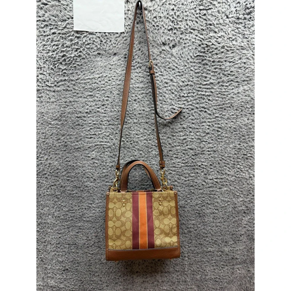 Coach Dempsey Tote Bag Signature Jacquard Stripe Coach Patch C8417 Khaki Red